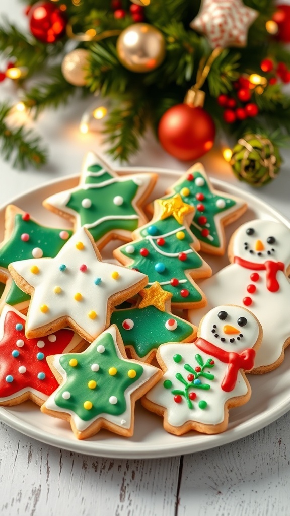 A plate of colorful Christmas sugar cookies shaped like stars and trees, decorated with icing and sprinkles.